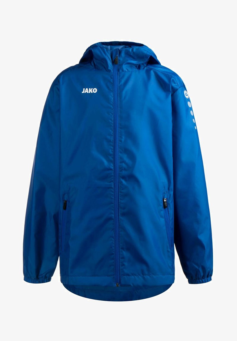 Blauwe capuchonjack van lichtgewicht materiaal, met een stevige rits aan de voorkant, twee zijzakken en een wit logo op de borst en mouwen.