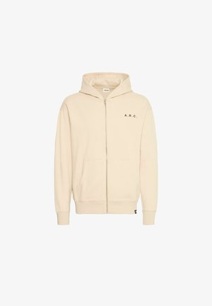 Bežna zip-up kapuca iz mehkega materiala, z žepom za kengurujčke, kapuco s vrvico in črnimi napisi "A.R.C." na prsih.