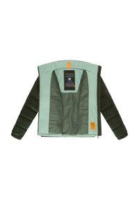 Doudoune verte et menthe avec des manches en velours côtelé, fermeture éclair et une étiquette en boucle orange vif à l'intérieur. Étiquette claire sur le tissu intérieur.