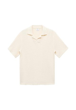 Kortærmet polo shirt i creme, med struktureret stof, klassisk krave og åben knaplukning. Ingen synlige mønstre eller hardware.