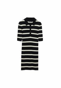 Robe polo à rayures noires et blanches avec des manches courtes, texture côtelée, et un col avec patte de boutonnage à quatre boutons.