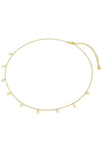 Zeltīta kaklarota ar mazām apaļām diskām un caurspīdīgiem pērlēm, ar smalku ķēdes dizainu un regulējamu aizdari izmēra maiņai.