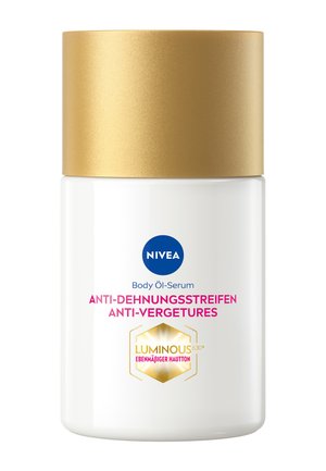 NIVEA Körperöl-Serum mit goldfarbenem Deckel, beschriftet mit Anti-Dehnungsstreifen, Anti-Vergetures und leuchtender, ebenmäßiger Hautformel.