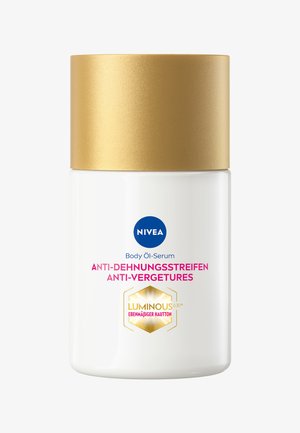NIVEA Körperöl-Serum mit goldfarbenem Deckel, beschriftet mit Anti-Dehnungsstreifen, Anti-Vergetures und leuchtender, ebenmäßiger Hautformel.