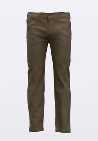 Pantaloni kaki confecționați dintr-un material neted, cu un design clasic cu cinci buzunare, închidere cu nasture și croială dreaptă a piciorului.