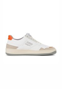 White sneaker with a textured beige suede accent, orange heel, and grey rubber sole. Features a printed label on the side.
