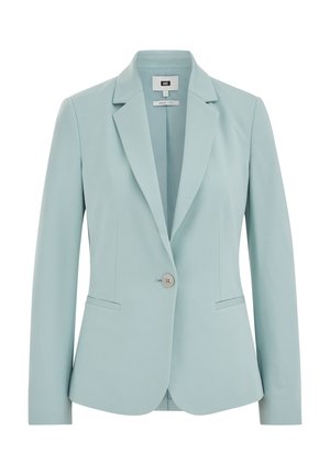 Blazer azul claro de tela lisa con cierre de un solo botón, solapas con muesca y dos bolsillos laterales. Diseño sencillo y entallado.