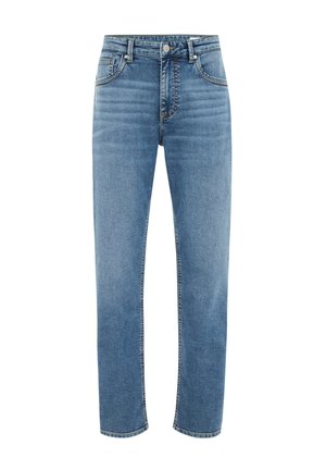 Jeans din denim de culoare albastru deschis cu o croială dreaptă, design cu cinci buzunare și detalii de cusătură rafinate pe margele.