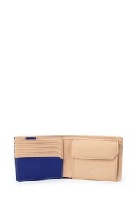 Beige leather wallet with blue accent. Features multiple card slots, a coin pocket, and embossed brand name "VUCH." Smooth texture, compact design.