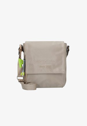 Borsa a tracolla beige con un tessuto testurizzato, patta anteriore, logo in rilievo e una tracolla removibile con accenti verde neon e tirazip.