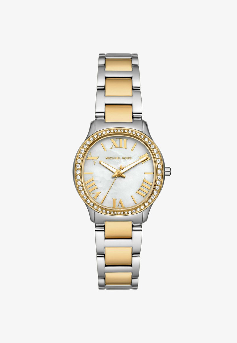 Orologio metallico con bracciale bicolore, caratterizzato da maglie dorate e argento, quadrante rotondo, numeri romani e una lunetta decorata con strass.