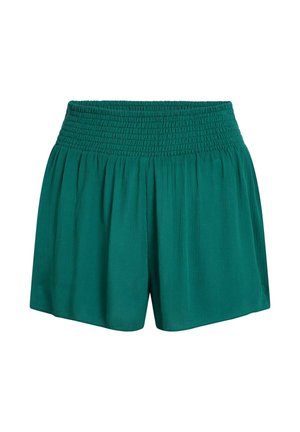 Green, woven shorts with a smocked waistband. Available in a loose fit, featuring pleats for added texture and movement.
