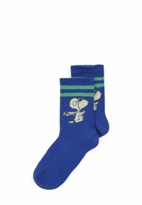 Blaue Baumwollsocken mit grünen Streifen und einem Cartoon-Hundedesign an der Seite, strukturierter Stoff und umgekrempelter Rand.