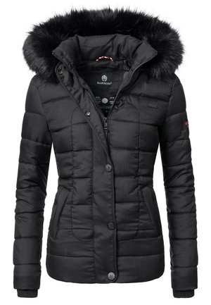 Veste d’hiver matelassée noire avec boutons et fermeture éclair, poches latérales et capuche bordée de fausse fourrure noire.