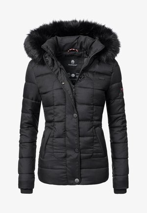 Veste d’hiver matelassée noire avec boutons et fermeture éclair, poches latérales et capuche bordée de fausse fourrure noire.