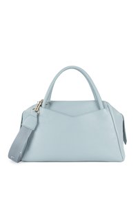 Borsa a mano in pelle azzurro chiaro con una finitura testurizzata, caratterizzata da doppi manici, una tracolla removibile e un design strutturato e angolare.