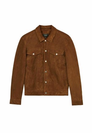 Giacca in suede marrone con colletto, tasche frontali e chiusura con bottoni, esposta su uno sfondo bianco uniforme.