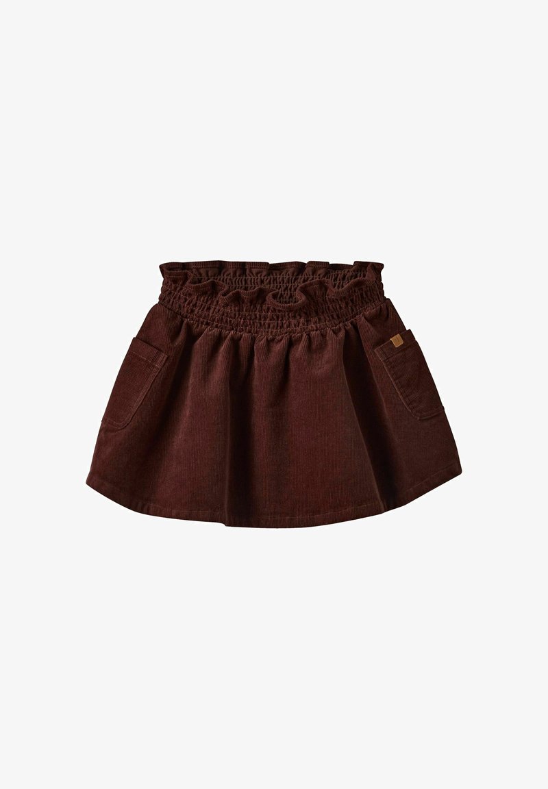Brązowa spódnica z cordurowego materiału z elastycznym pasem, z falbaniastymi brzegami i dwoma bocznymi kieszeniami. Rozkloszowany krój z teksturowaną powierzchnią.