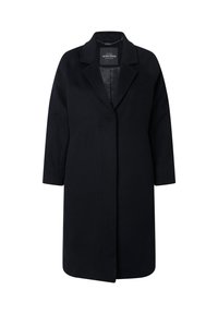Cappotto di lana nera con taglio dritto, rever a punta e maniche lunghe. Presenta un design frontale aperto e un look minimalista.