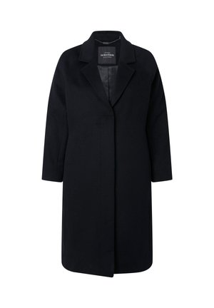 Cappotto di lana nera con taglio dritto, rever a punta e maniche lunghe. Presenta un design frontale aperto e un look minimalista.