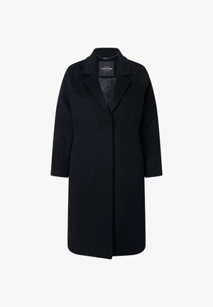 schwarzer Wollmantel mit geradem Schnitt, Reverskragen und langen Ärmeln. Verfügt über ein einzelnes offenes Vorderdesign und einen minimalistischen Look.