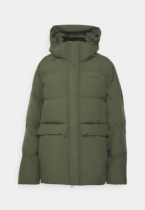 Olive green puffer jacket with a hood, featuring a zip closure and two large front pockets, made of quilted material for insulation.