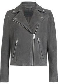 Šedá semišová motocyklová bunda s klopovým límcem, asymetrickým předním zipem a dvěma zipovými kapsami se stříbrnými kovovými akcenty.