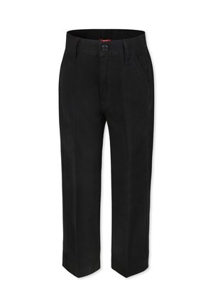 Pantaloni neri realizzati in tessuto misto cotone, con vita piatta, due tasche laterali, chiusura con bottone e gamba dritta.