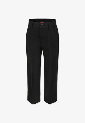 Pantaloni neri realizzati in tessuto misto cotone, con vita piatta, due tasche laterali, chiusura con bottone e gamba dritta.