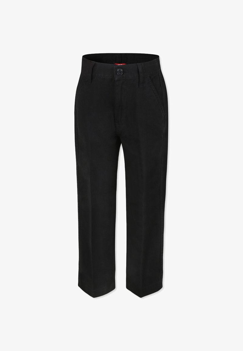 Pantaloni neri realizzati in tessuto misto cotone, con vita piatta, due tasche laterali, chiusura con bottone e gamba dritta.