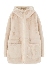 Beige fleecejakke med lynlås foran, hætte og to forlommer med snoretræk. Blød tekstur og afslappet pasform.