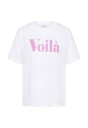 Wit T-shirt met korte mouwen en roze "Voilà" tekst gecentreerd aan de voorkant en een ronde hals.