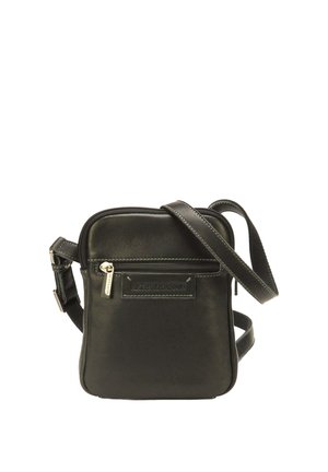 Petit sac bandoulière en cuir noir avec poche zippée à l'avant, bandoulière réglable et étiquette de marque cousue Arthur & Aston à l'avant.