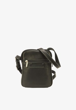 Petit sac bandoulière en cuir noir avec poche zippée à l'avant, bandoulière réglable et étiquette de marque cousue Arthur & Aston à l'avant.
