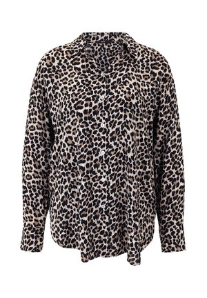 Leopardenmuster-Hemd in Beige und Schwarz, mit langen Ärmeln, Kragen und lockerer Passform, aus leichtem Stoff gefertigt.