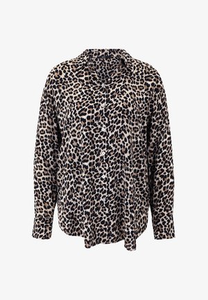 Chemise à boutons imprimée léopard en beige et noir, à manches longues, avec un col et une coupe décontractée, fabriquée en tissu léger.