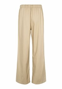 Beige, lette bukser med vide ben og elastisk talje; glat tekstur og løs pasform, velegnet til afslappet brug eller komfort.