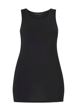Černé bezrukávové šaty vyrobené z hladké tkaniny, s kulatým výstřihem a štíhlým střihem, bez viditelných vzorů nebo kovových detailů.