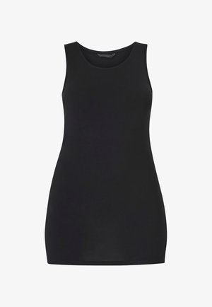 Zwart mouwloos jurk van gladde stof, met een ronde halslijn en een slanke pasvorm, zonder zichtbare patronen of hardwaredetails.