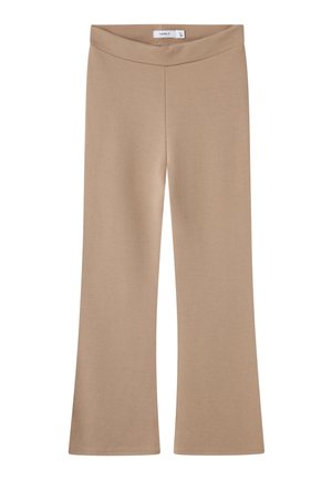 Beige, rechte broek van zachte stof met elastische tailleband, geschikt voor casual of kantoorgebruik, maatlabel zichtbaar aan de binnenkant van de tailleband.