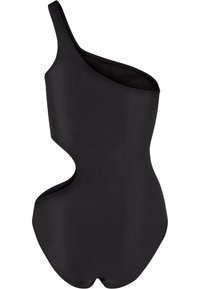 Maillot de bain noir à une épaule avec détail découpé sur le côté, texture lisse, design minimaliste et bordures sans coutures.