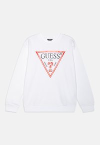 Weißes Langarm-Sweatshirt mit rotem Dreieckslogo, das "GUESS U.S.A." und ein rotes Fragezeichen in der Mitte auf der Vorderseite zeigt.