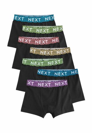 Schwarze Boxershorts mit bunten elastischen Taillenspitzen im Wellenmuster. Die Sets enthalten Akzente in Blau, Grün, Pink, Gelb und Lila.