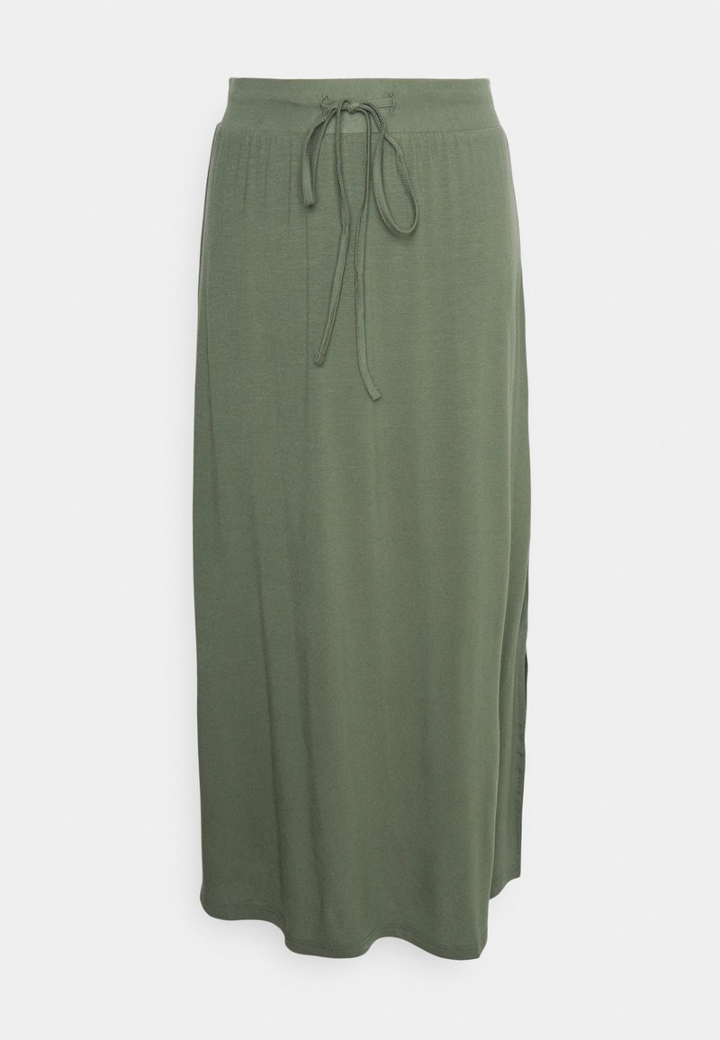 Olivgrön maxikjol i mjukt tyg, med dragsko i midjan, sidofickor och en ren, strömmande design.