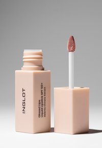 Beige rektangulär behållare av INGLOT Glazed Lips Liquid Lipstick SPF 50+ med en vit applikator, som visar en mjuk rosa läppstiftspets.