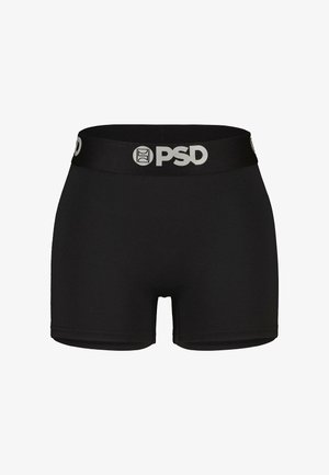 Svarte boksertruser laget av elastisk stoff. Har en bred midjebånd med "PSD"-logoen trykket i sølv. Enkelt, elegant design.