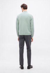 Ανοιχτό πράσινο πουλόβερ με εφαρμοστή σχεδίαση και ριμπ μανσέτες, συνδυασμένο με σκουρόχρωμο γκρι παντελόνι και μαύρα παπούτσια, σε θέα από πίσω.