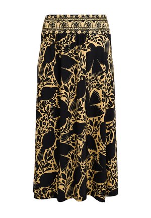 Midi-Rock mit schwarzen Vogel- und Pflanzenmustern auf senffarbenem Hintergrund, mit einem Bund in Blumen- und Geometriemuster.