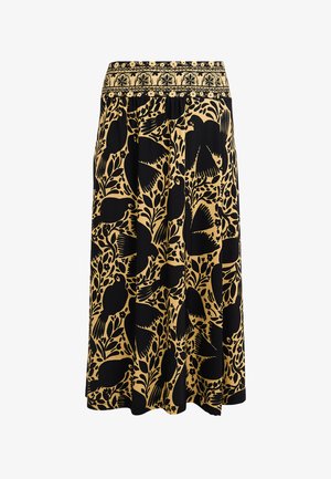 Midi-Rock mit schwarzen Vogel- und Pflanzenmustern auf senffarbenem Hintergrund, mit einem Bund in Blumen- und Geometriemuster.