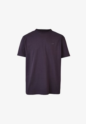 Dark purple cotton t-shirt with short sleeves and a crew neckline. Features a small, subtle logo on the left chest area.